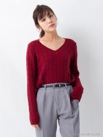 【売り切れ次第終了】フワモコケーブルV/Nサイドスリット/ニット/ボルドー