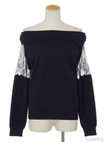 肩開きレース切替ニット/紺