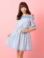 ギンガムチェックオフショルプリティーワンピース/ライトブルー