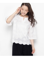 フラワー刺しゅうキーネック7分袖ブラウス/ホワイト(001)
