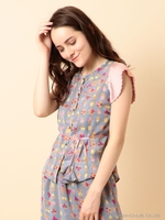 オリジナルフルーツプリントプリーツmixブラウス/ブルー