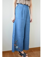 裾刺しゅうデニムワイドパンツ/ブルー(110)