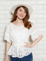 ベルト付刺繍ブラウス/ラベンダー