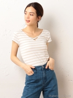 クロスネック半袖Tシャツ/ベージュ