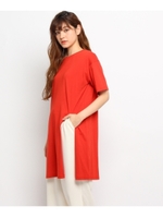 ドロップショルダースリット入りロング丈Tシャツ/レッド(062)