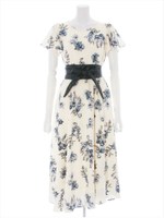 【サッシュベルト付き】総柄アシメフレアー袖ワンピース/ネイビー