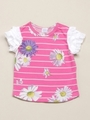 BABY ボーダーデイジープリント袖フリルショ-ト丈Tシャツ/ブルー