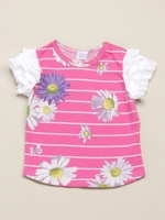 BABY ボーダーデイジープリント袖フリルショ-ト丈Tシャツ/ブルー