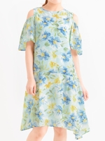 大花柄イレギュラーヘムワンピース/ブルー柄