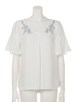 Ｖネック袖フレア刺繍ブラウス/ネイビー