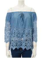 レースアップデザインオフショルブラウス/ブルー