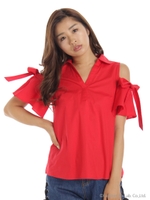 肩出し袖フレアーブラウス/レッド