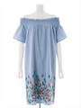 裾刺繍オフショルワンピース/ライトブルー