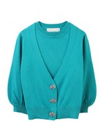 【アンサンブル】パフ袖ビジューボタンカーデ＆クルーネック半袖ニット/ピンク