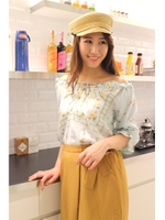 パネル柄前リボンブラウス/ホワイト×ピンクフラワー1(031)