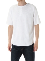 【AZUL by moussy】変形ハニカムメッシュヘンリーネック半袖プルオーバー/WHT
