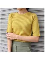 ラウンドネック5分袖リブトップス クルーネック/マスタード