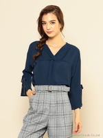 ねじりVネックフレアスリーブブラウス/ネイビー