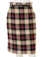 ベルト付チェックタイトスカート/カラシ