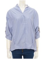 スキッパーストライプ刺繍ブラウス/ブルー