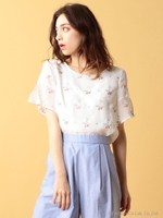 バックレースアップ半袖刺繍ブラウス/パープル