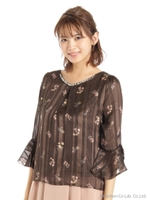 花柄七分フレア袖ブラウス/エンジ