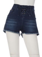 デニムレースアップショートパンツ/ブルー