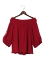 PEツイル袖刺繍シャーリングオフショル/ボルドー