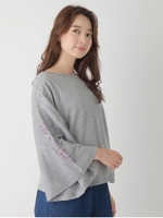 フレアー袖刺繍入りニットプルオーバー/杢ライトグレー