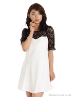 レース切替フレアー（無地）　ワンピース/ブラック