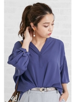 ジョーゼットカフスベルトスリーブブラウス/ブルー(110)