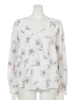 Vネックギャザーflowerブラウス/BLK