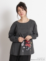 グレンチェックフラワーブーケ刺しゅうブラウス/チャコール