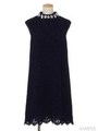 ビジューネックレースワンピ/紺