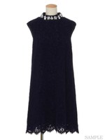 ビジューネックレースワンピ/紺