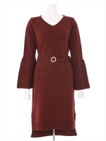 ウエストベルト付きニットワンピ/ボルドー