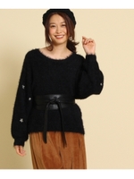 やわらか星柄袖刺繍ニット/ダークブラウン(143)