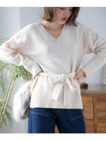 【洗える】ラムタッチサッシュ付きニット/ライトベージュ(051)