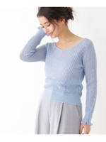 袖フリル&スパンコールモヘヤ混ニット/ライトブルー(091)