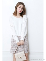 透け刺繍前後Ｖニット(7分袖)/ホワイト