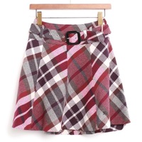 チェック　ベルト付き　ツイードスカート 34 バーバリーブルーレーベル 74588 BURBERRY BLUE LABEL ボルドー レディース