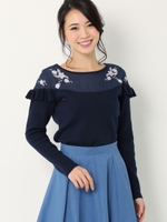 肩フリルチュール刺繍ニット/ネイビー
