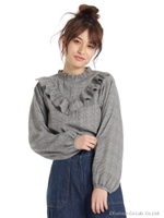 チェックフリルハイネックブラウス/ハイ