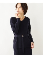 【洗える】ベルト付きVネックニット/ブラウン(042)