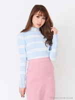 透かしケーブルハイネックニットプルオーバー/ライトブルー