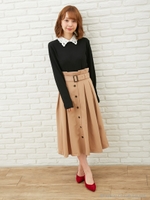 前ボタン タック ミディ スカート/グリーン