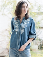 5.5ozデニム刺繍ブラウス/ブルー