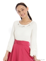 お袖レースフラワーリボンワイドリブ/ラベンダー