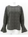 【Alluge】グレンチェック裏起毛フレア袖トップス/ブラック(027)