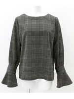 【Alluge】グレンチェック裏起毛フレア袖トップス/ブラック(027)